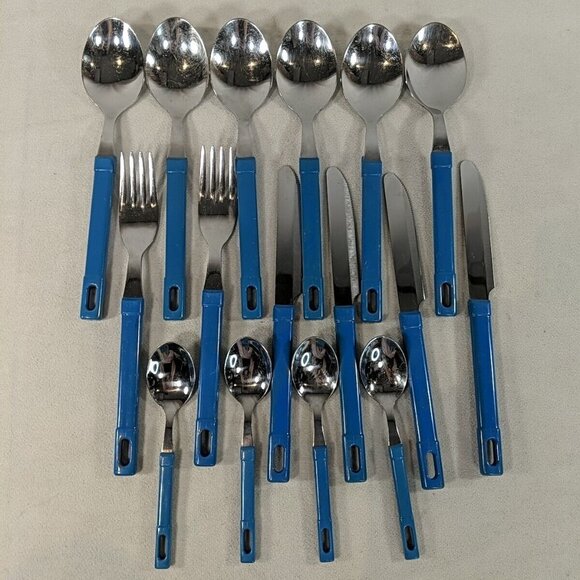 Abert INOX Italy 18/CR 16 Set Cutlery Utensils Teaspoons Soup Knives Forks Blue - Picture 1 of 14